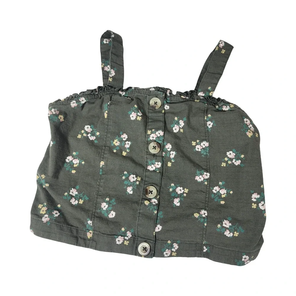 Justice Girls Floral Button Front Camisole Top Smocked Back Green Size 12